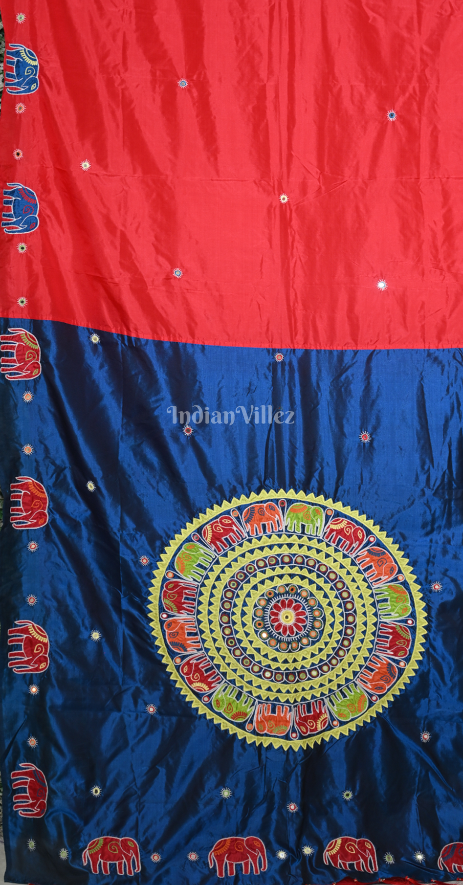 Red Blue Hand Embroidered Applique Work Saree