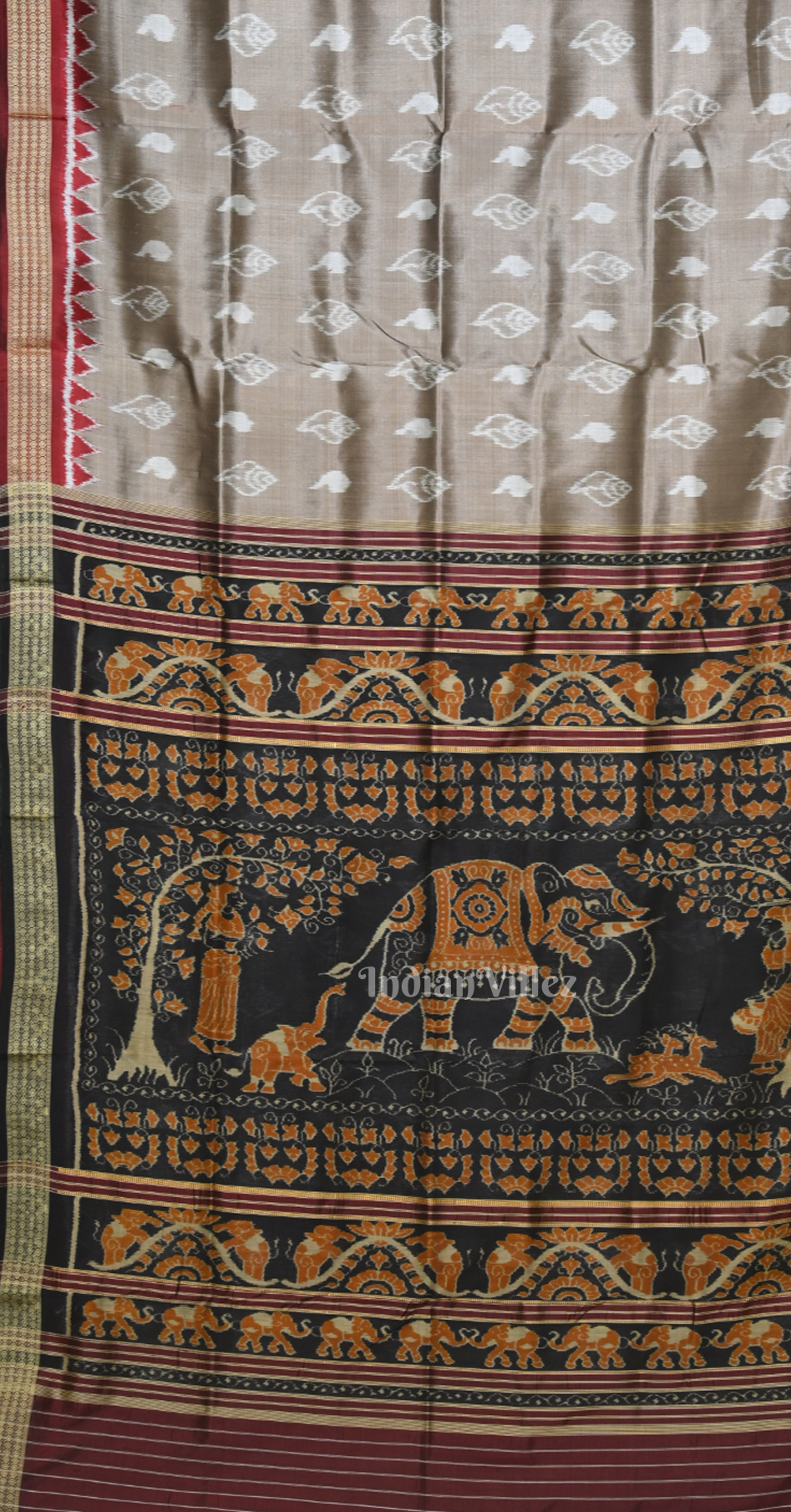 Ash Grey Black Odisha Ikat Sambalpuri Silk Saree with Elephant Anchal 