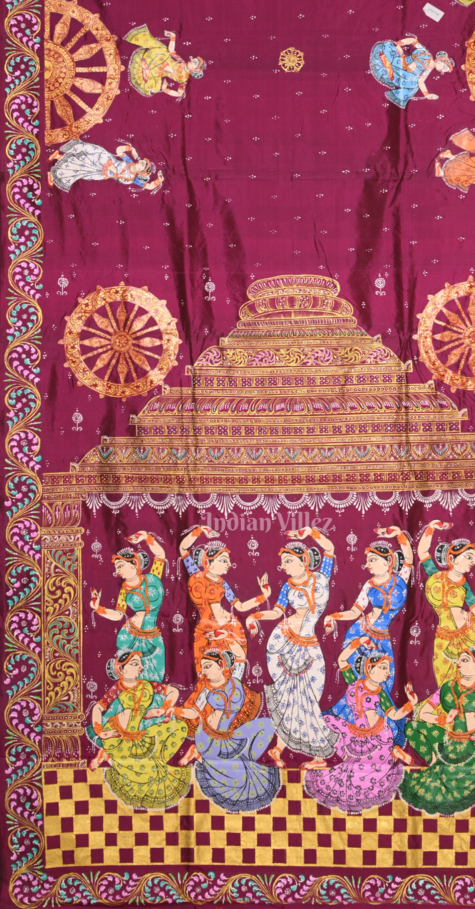 Magenta Pink Yellow Nartaki Konark Temple Hand-Painted Pattachitra Saree