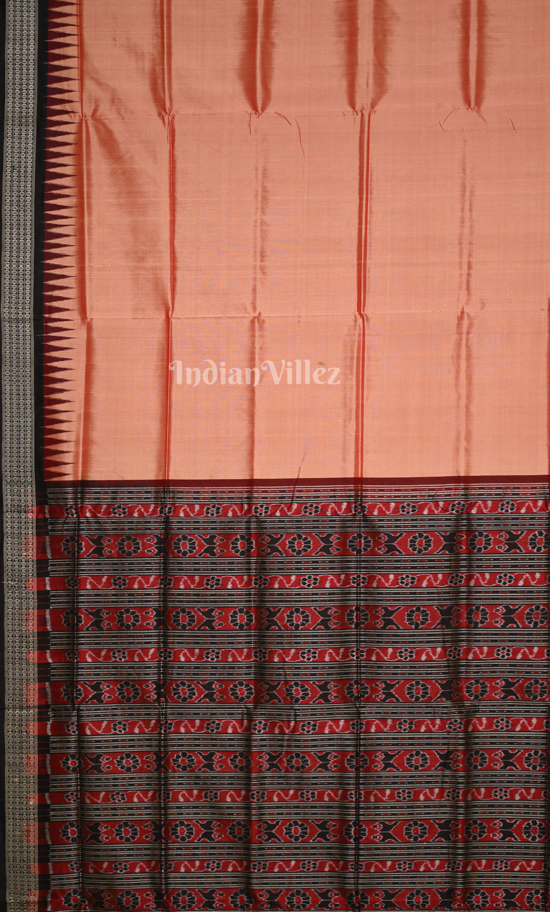 Peach Black Odisha Ikat Bomkai Sambalpuri Silk Saree
