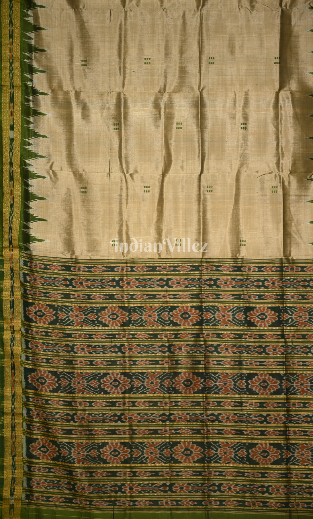 Cream Olive Green Buti Design Odisha Ikat Khandua Silk Saree 
