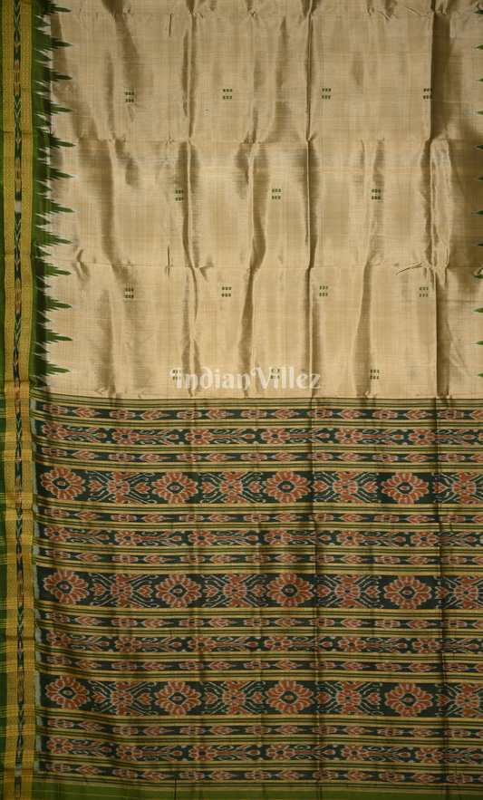 Cream Olive Green Buti Design Odisha Ikat Khandua Silk Saree 