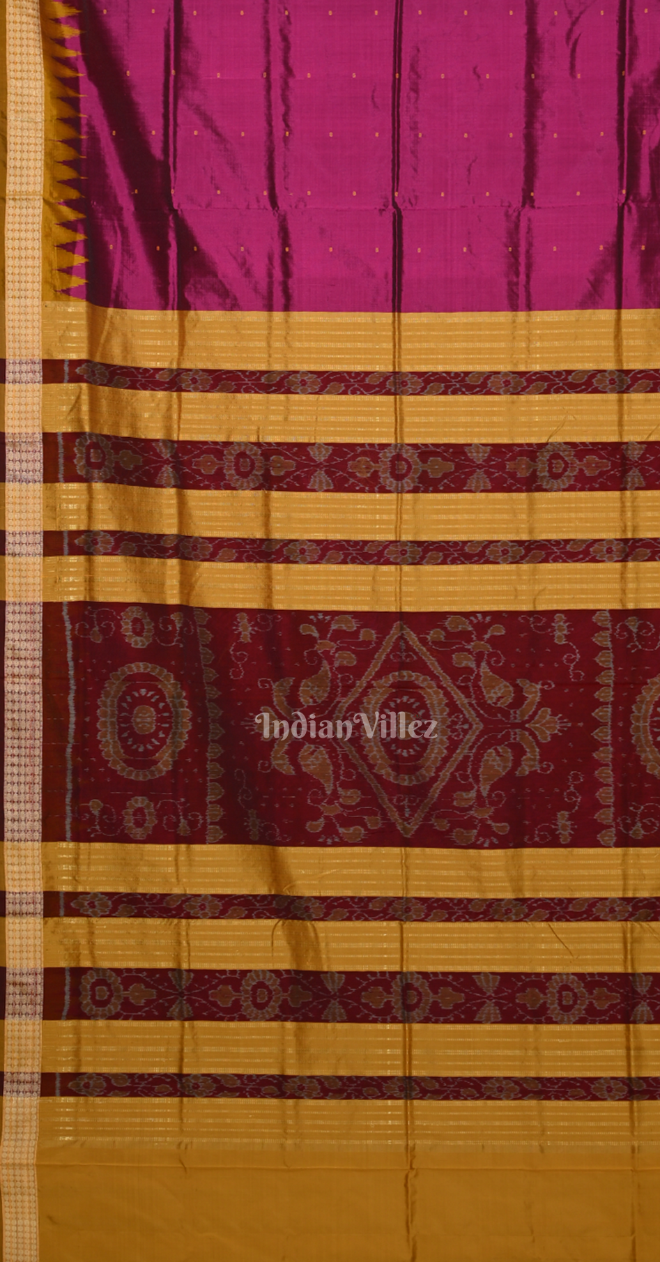 Magenta Pink Mustard Yellow Buti Design Odisha Ikat Bomkai Silk Saree 