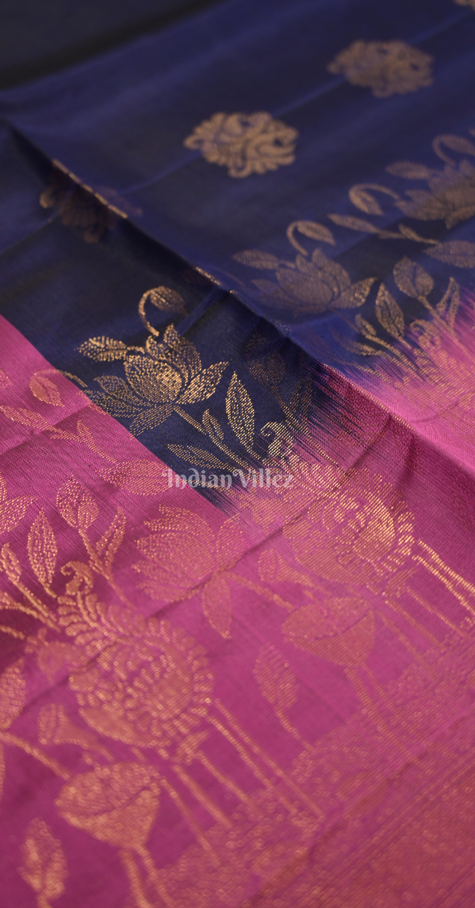 Navy Blue Pink Floral Zari Pure Kanjivaram Soft Silk Saree