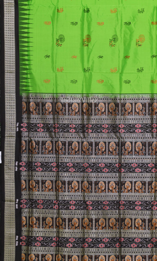 Parrot Green Black Tribal Theme Odisha Ikat Bomkai Sambalpuri Silk Saree 