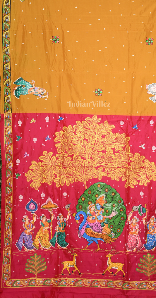 Mustard Yellow Rani Pink (Mayur) & Nartaki Theme Dual Tone Hand-Painted Pattachitra Saree