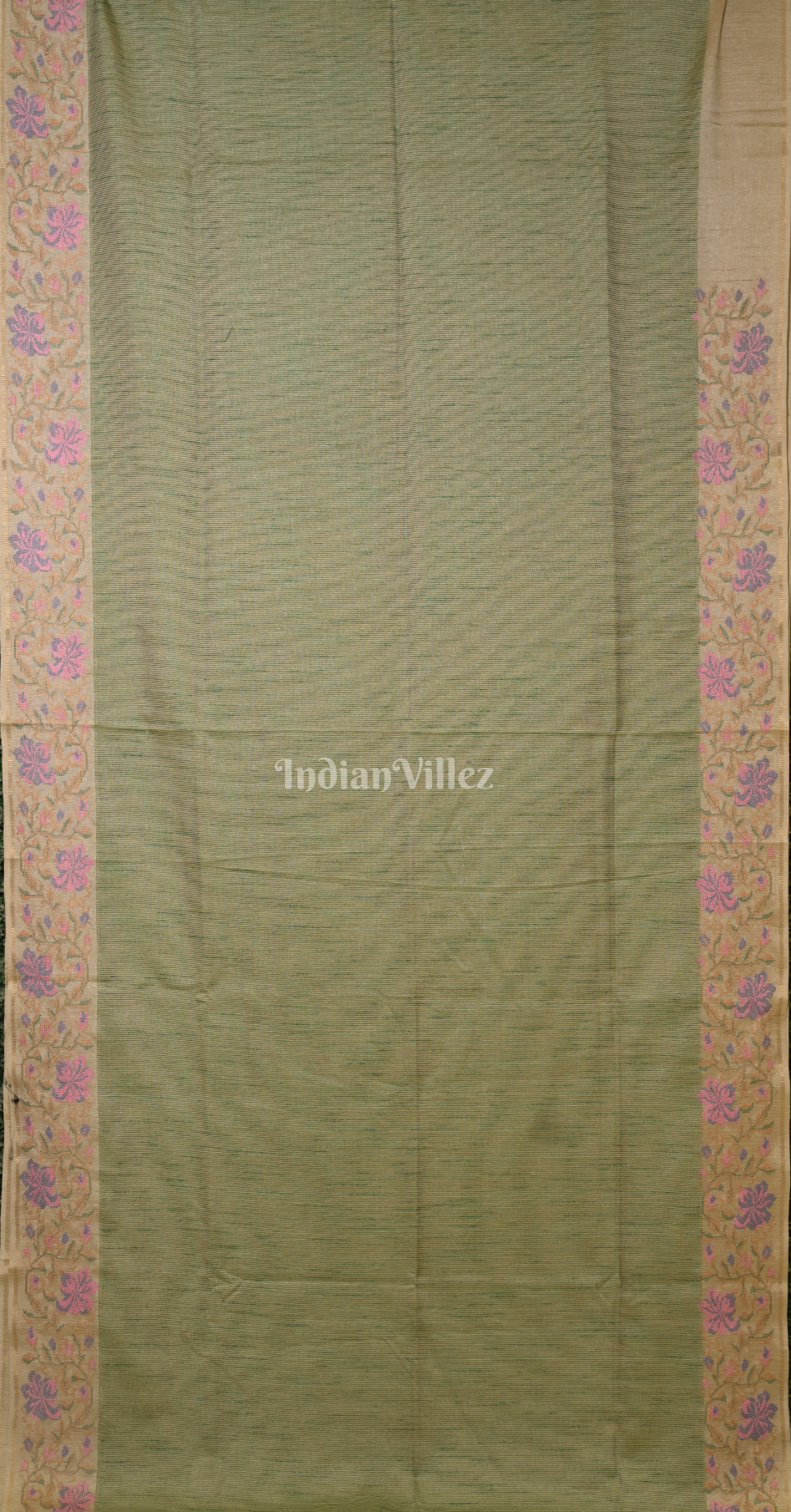 Green Beige Tussar Silk Saree with Floral Embroidery Work