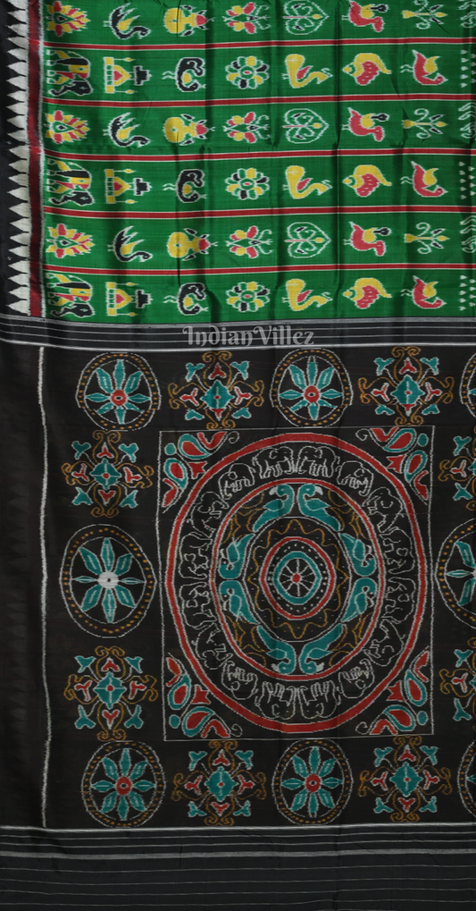 Green Black Nabakothi Odisha Ikat Khandua Silk Saree with  Pecock Elephant Chandua Anchal 