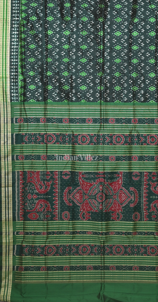 Bottle Green Black Tribal Motif Odisha Ikat Sambalpuri Silk Saree 