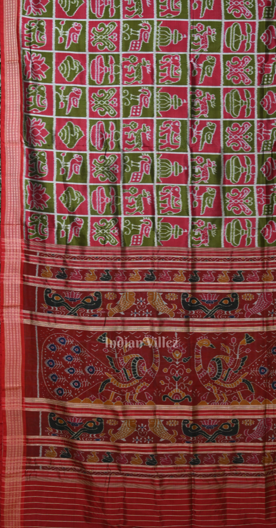 Mehendi Red Maroon Nabakothi Odisha Ikat Sambalpuri Silk Saree 
