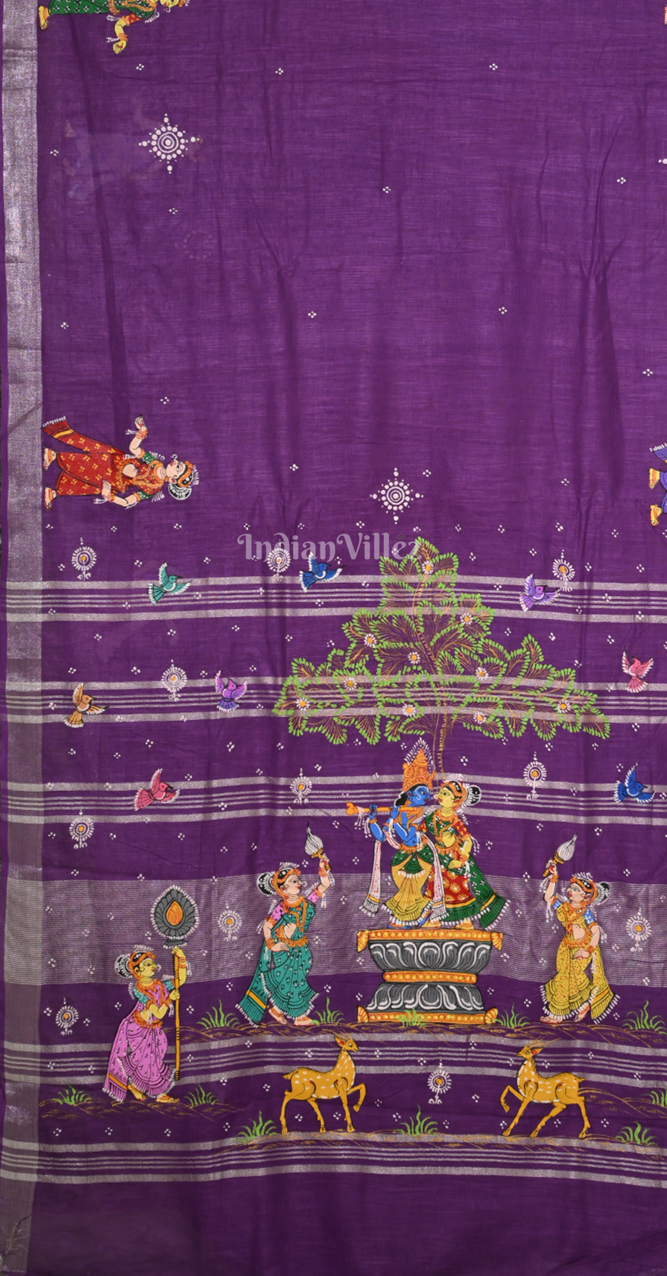Purple Krishna Raas Leela Hand-Painted Pattachitra Saree