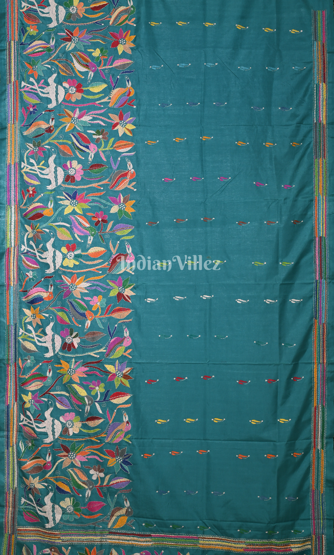 Teal Blue Bird Motif Handwoven Kantha Stitch Silk Saree 