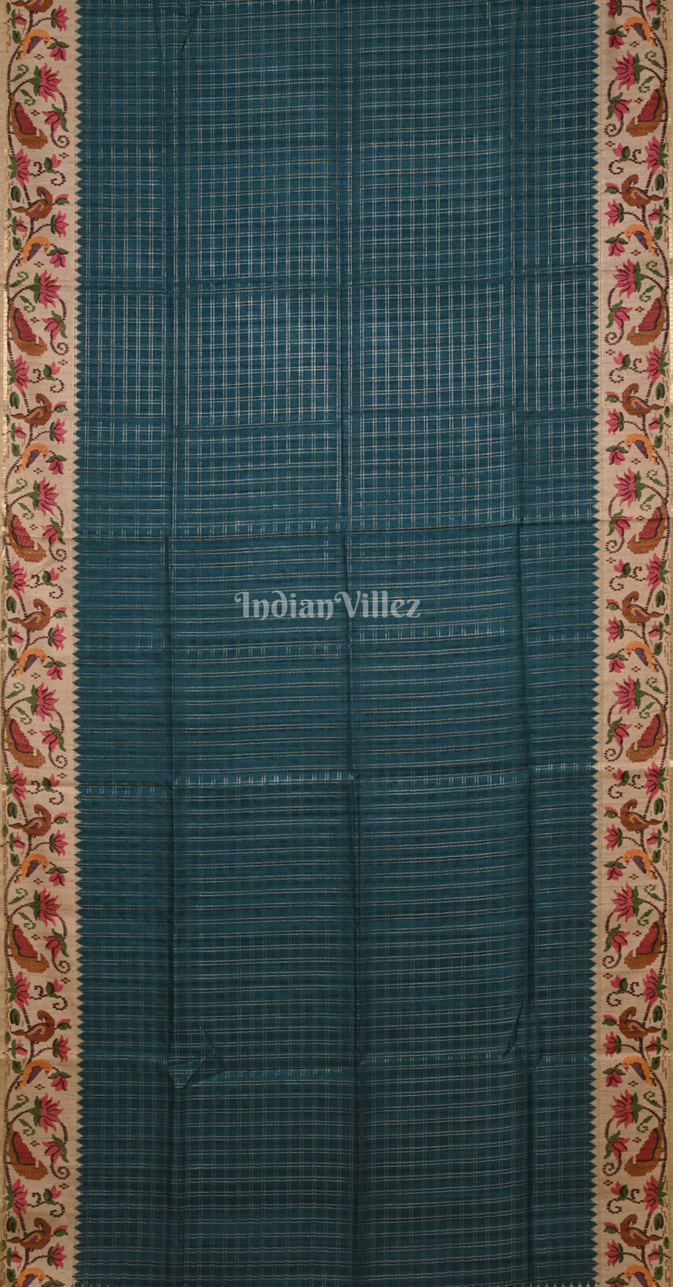 Peacock Blue Beige Check Pattern Tusasr Silk Saree
