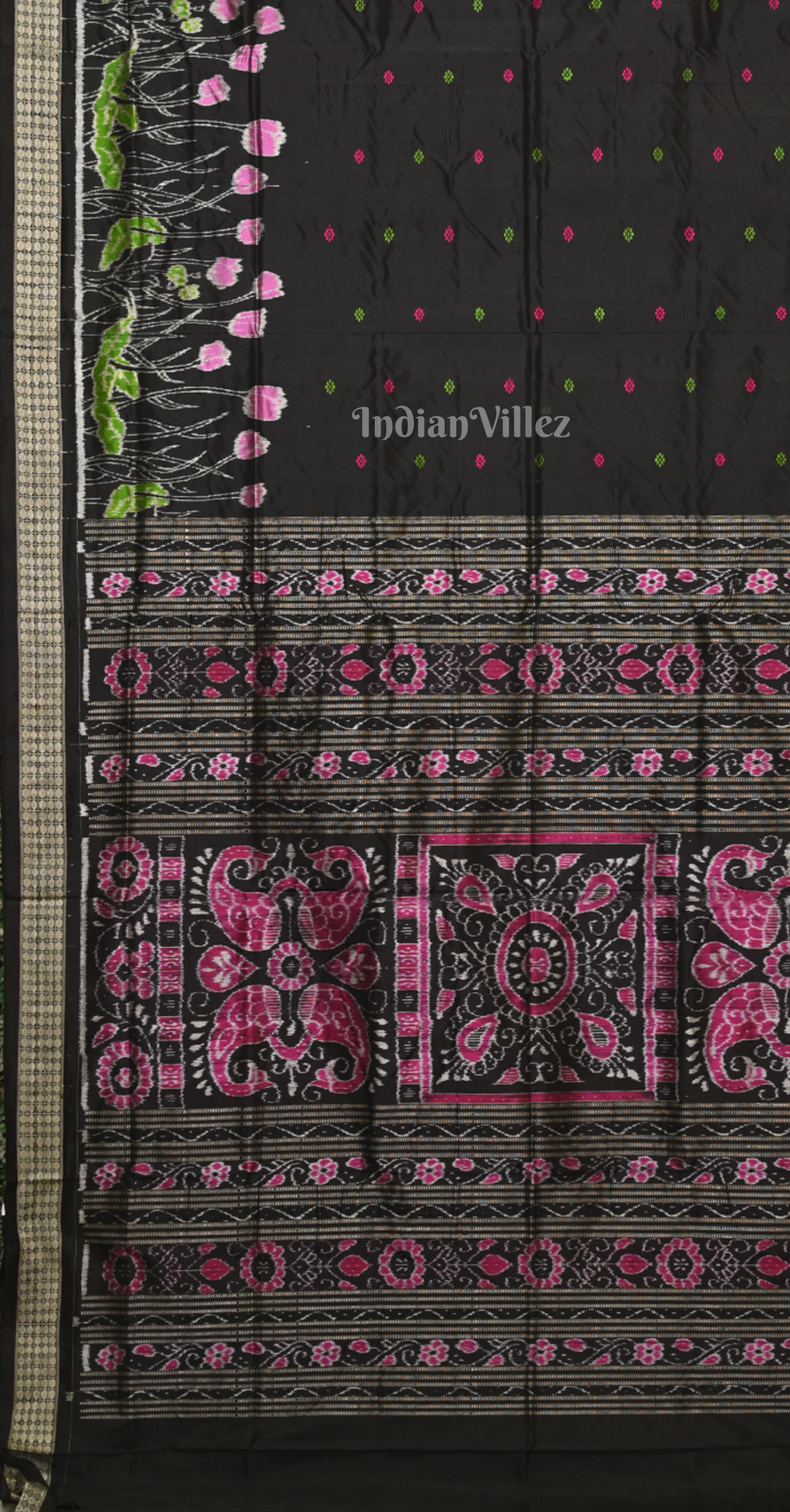 Black Buti Design Lotus Pond Theme Odisha Ikat Sambalpuri Silk Saree