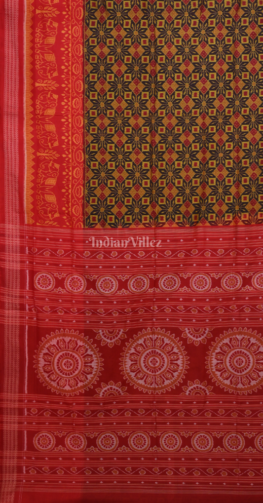 Yellow Red Pasapali Elephant Scot Odisha Ikat Sambalpuri Cotton Saree 