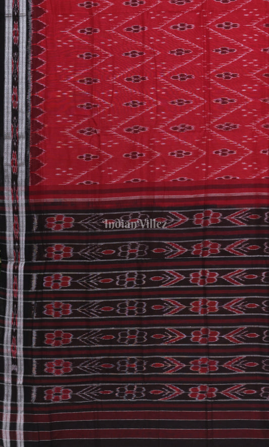 Red Black Waves Pattern Odisha Ikat Maniabandha Cotton Saree 