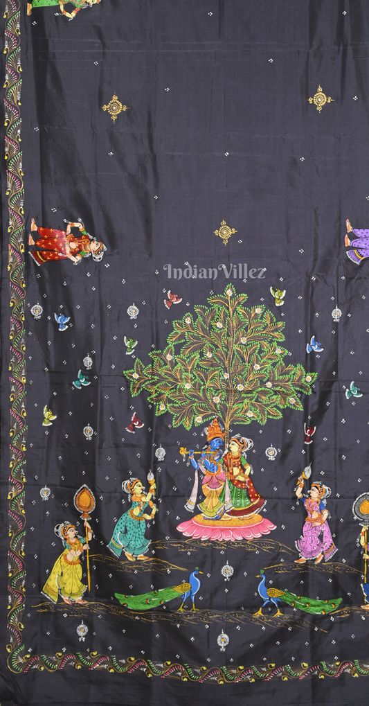 Grey Radha  Krishna Rasa Leela Hand-Painted Pattachitra Silk Saree