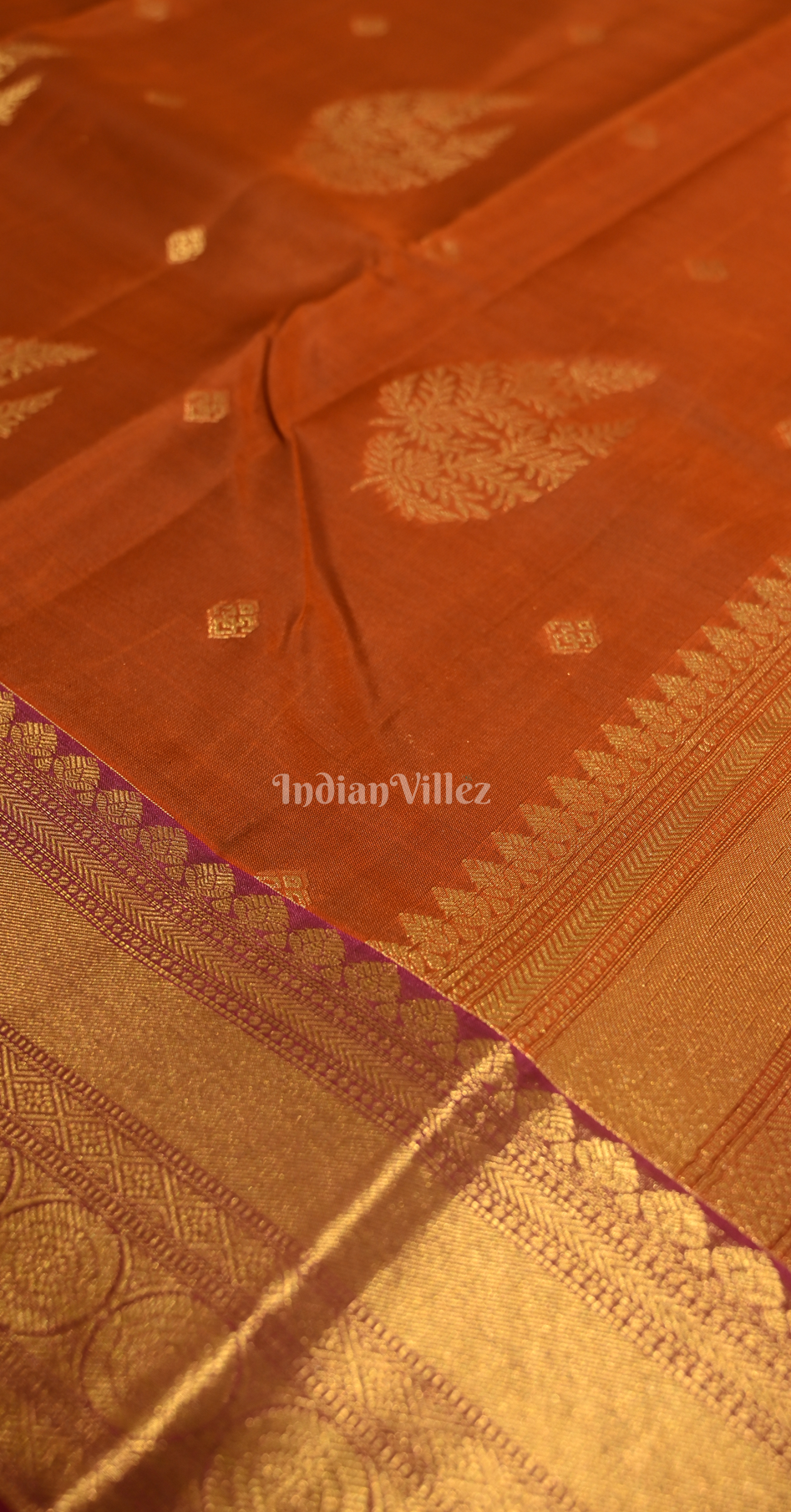 Rust Orange Maroon Leaf Motif Brocade Pure Kanjivaram Silk Saree 