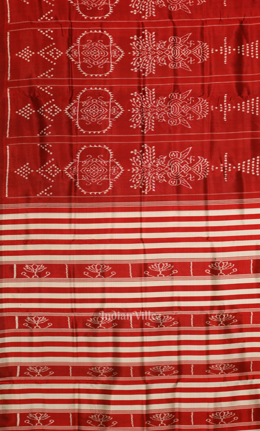 Red Jhoti Theme Odisha Ikat Contemporary Silk Saree with Lotus Anchal