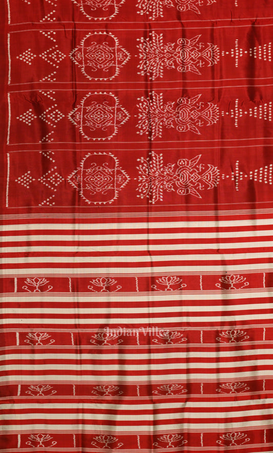 Red Jhoti Theme Odisha Ikat Contemporary Silk Saree with Lotus Anchal