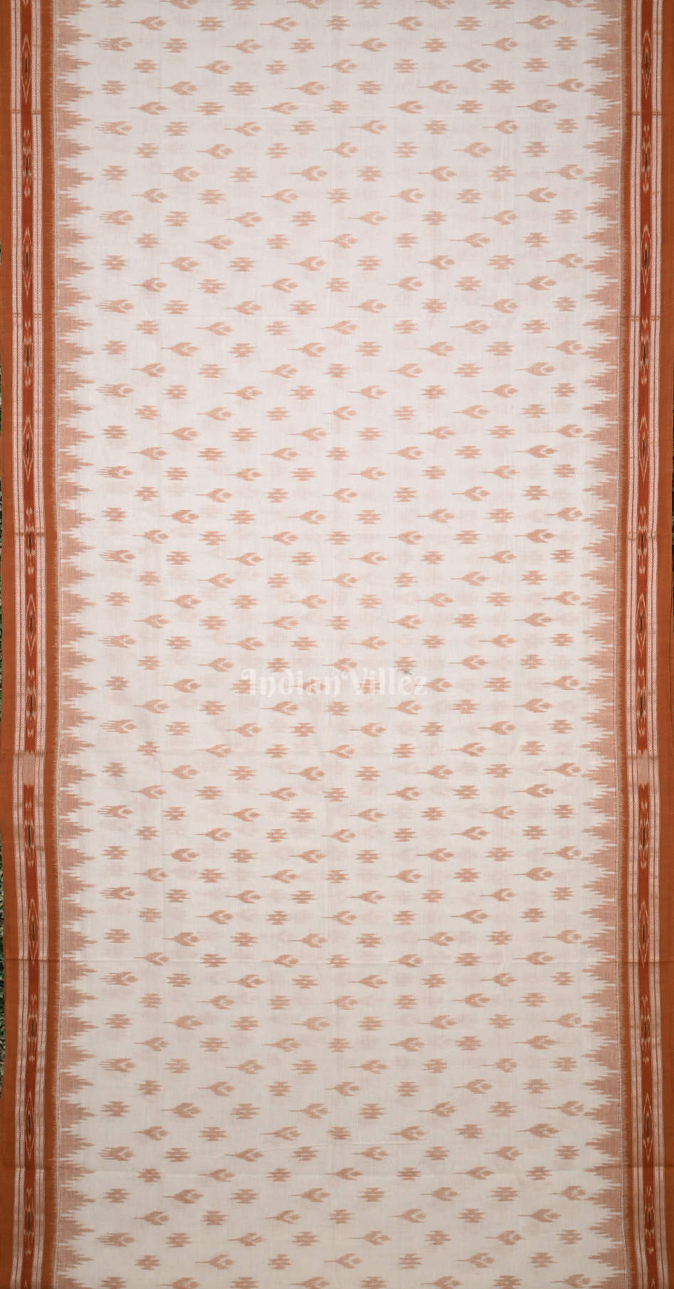 Off White Rust Orange Mayur Chandika Odisha Ikat Maniabandha Cotton Saree