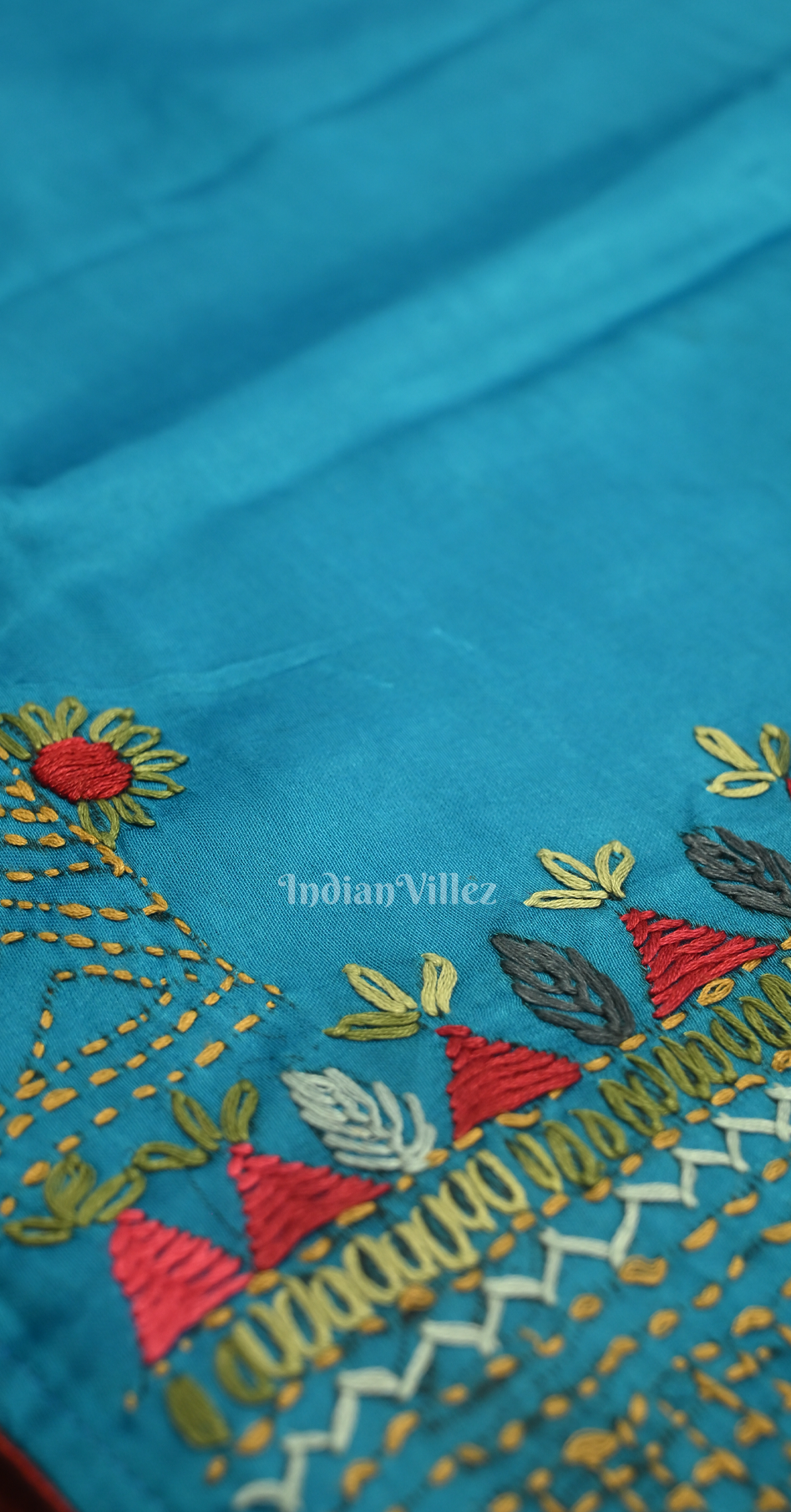 Sky Blue Kutch Embroidery Work Gaji Silk Saree 