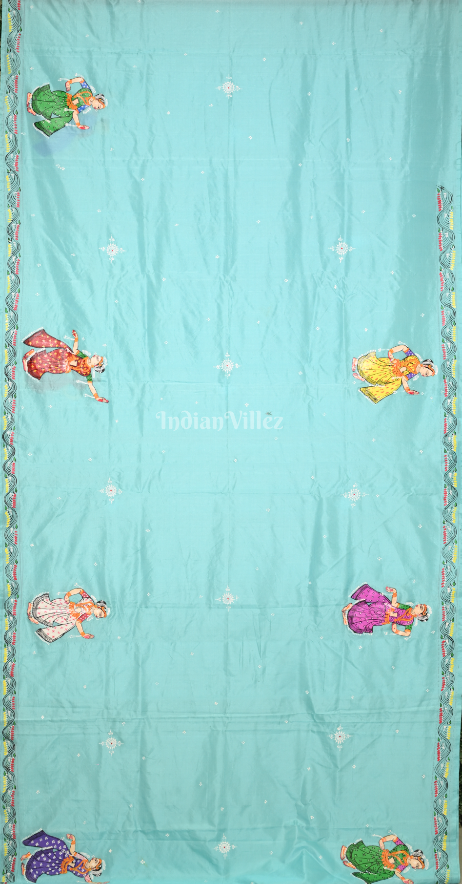 Sky Blue Ramayan Theme Hand-Painted Pattachitra Saree