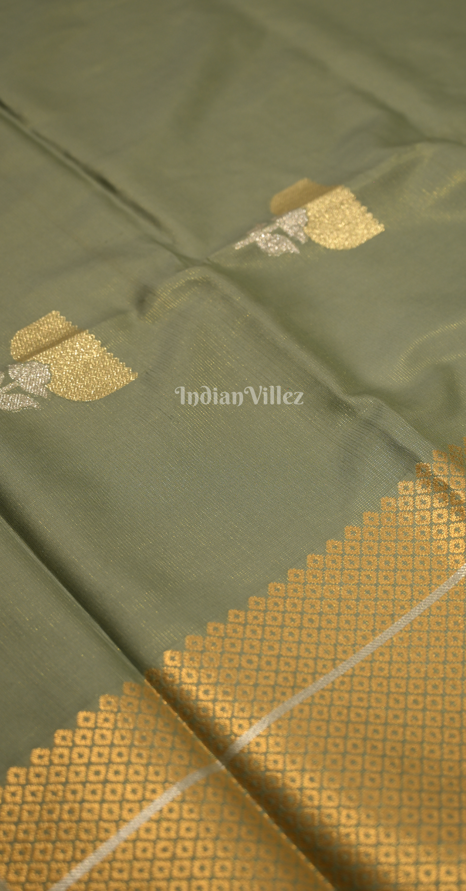 Olive Green Golden Zari Base Designer Lotus Saree