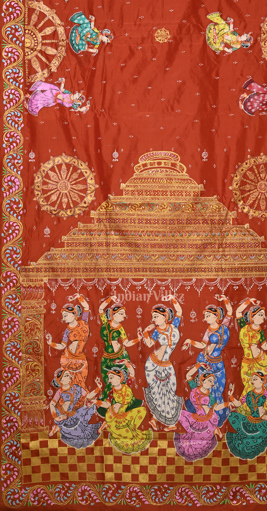 Rust Orange Nartaki Konark Temple Hand-Painted Pattachitra Saree