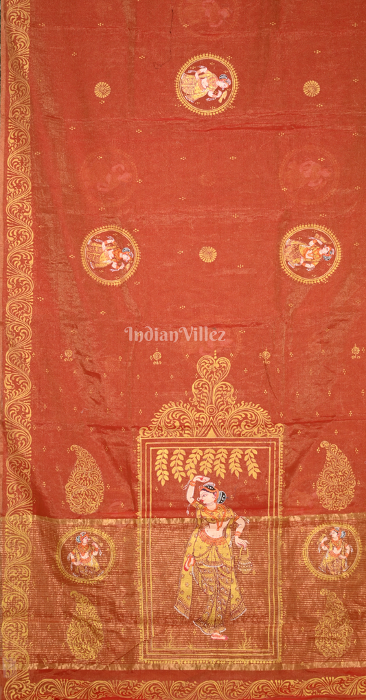 Rust Orange Shringar Raas Hand- Painted Pattachitra Saree (Tissue) 