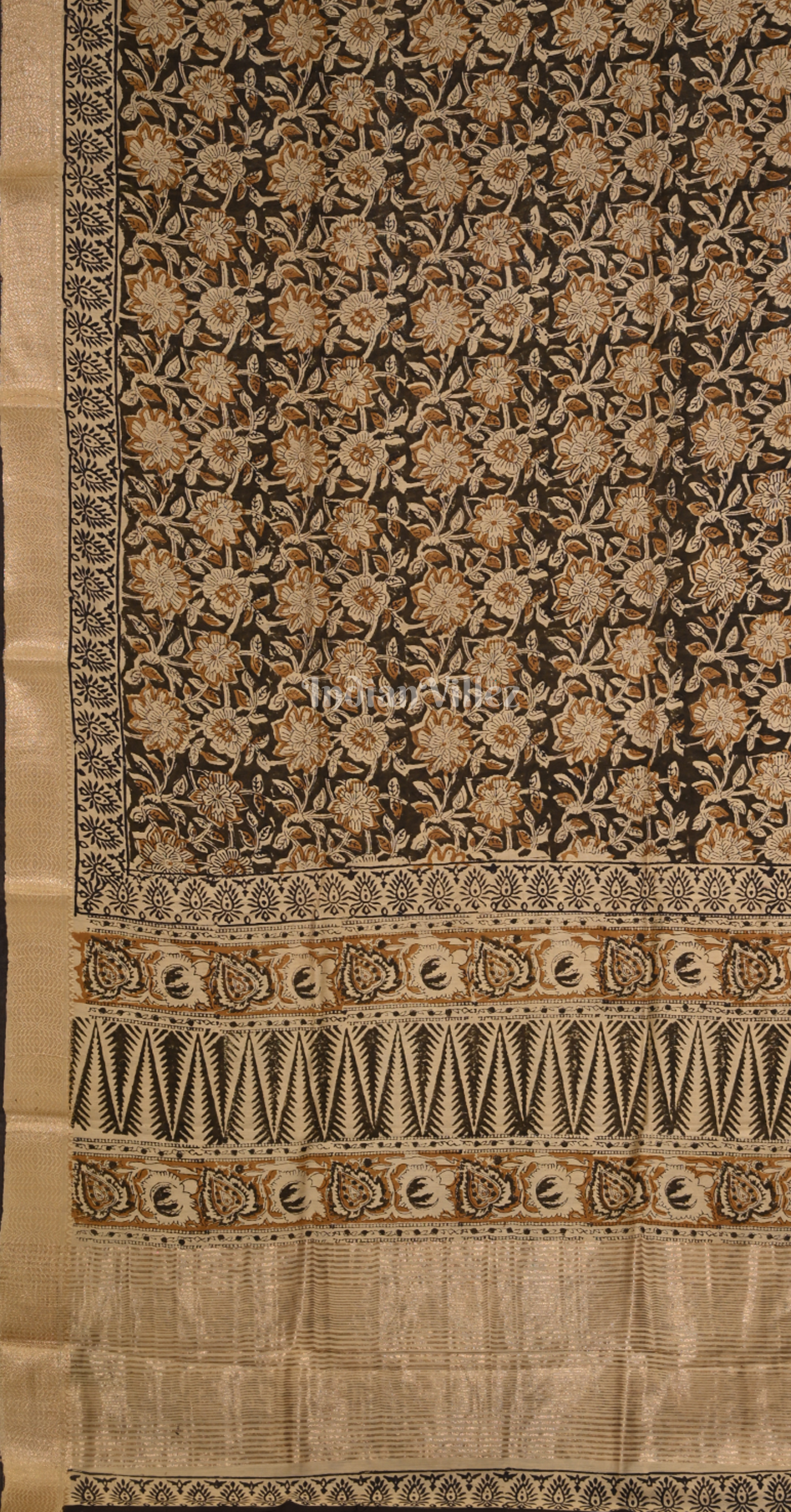 Cream Black Block Printed Bagru Cotton Saree