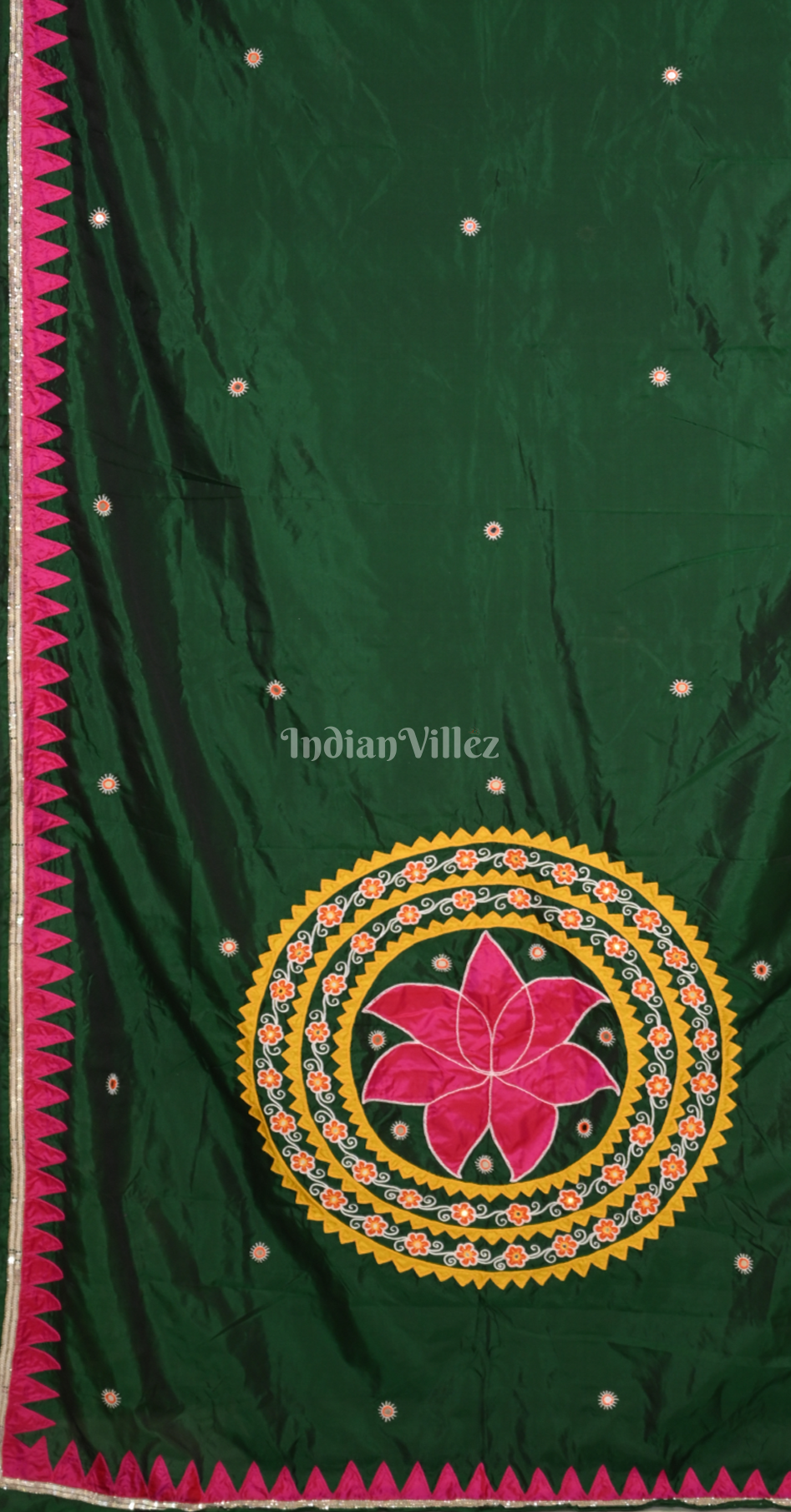 Bottle Green Rani Pink Hand Embroidered Applique Work Saree