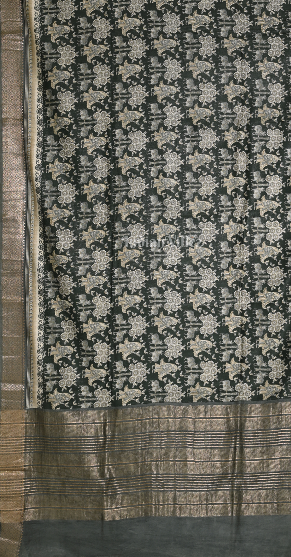 Green Grey Screen Printed Cotton Saree