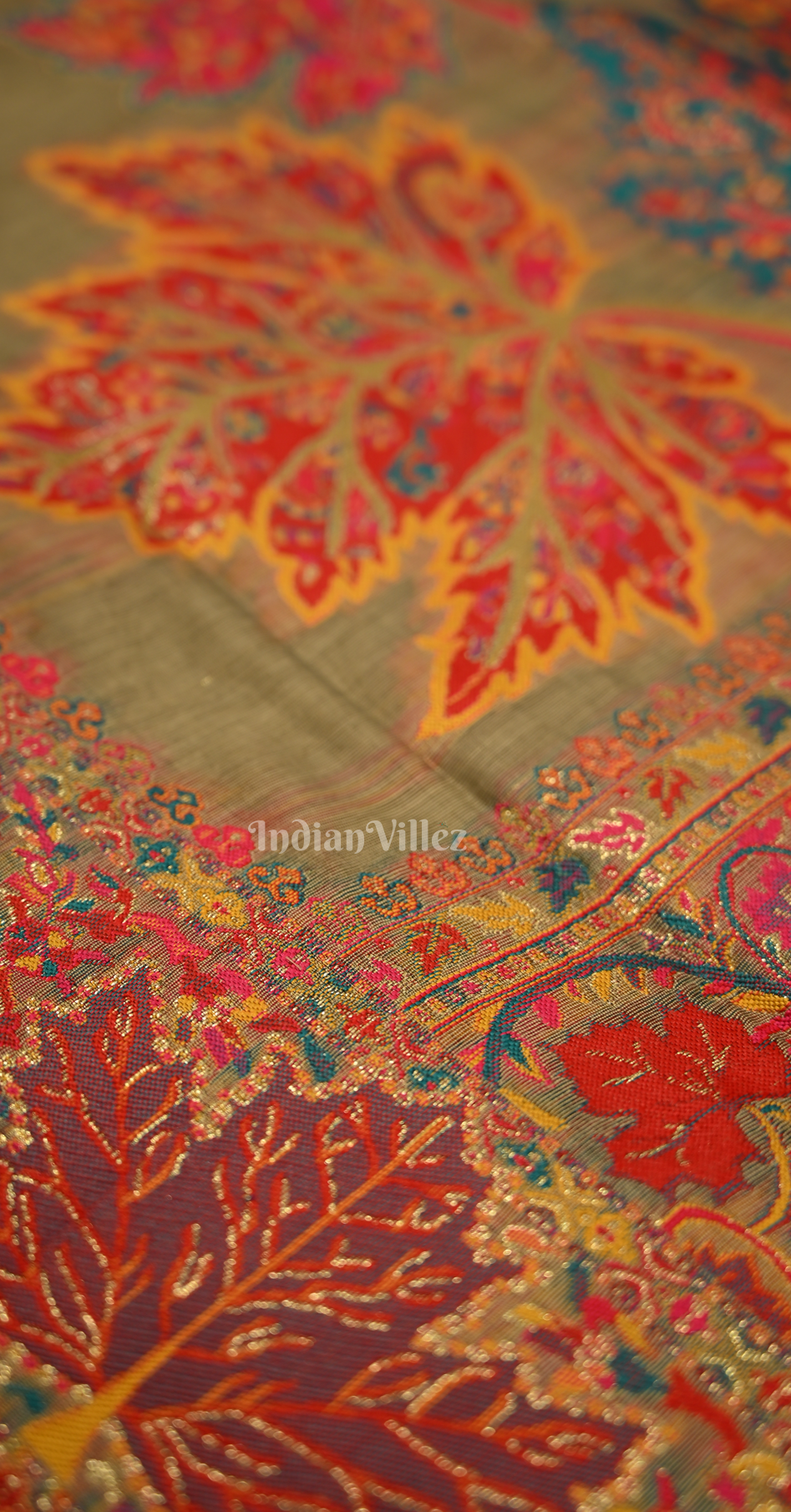 Mehendi Green Tree of Life Pure Kashmiri Cotton Pashmina Saree