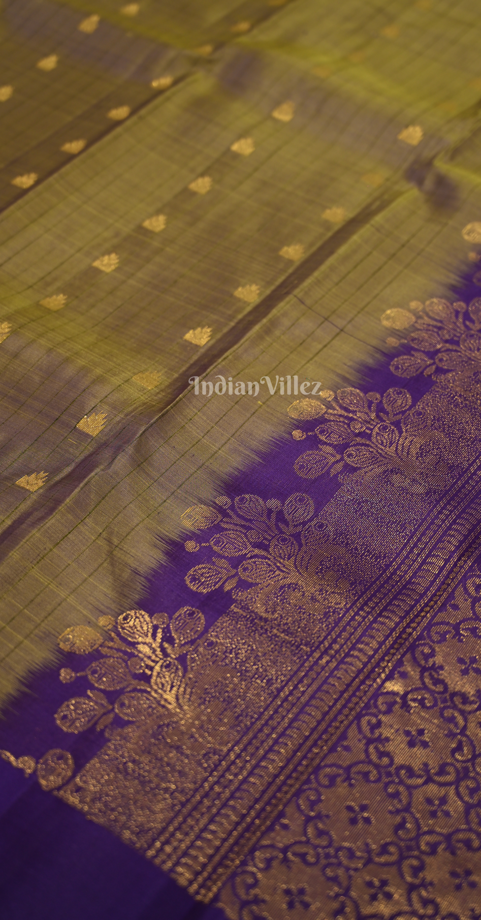Olive Green Purple Buti Design Zari Pure Kanjivaram Soft Silk Saree 