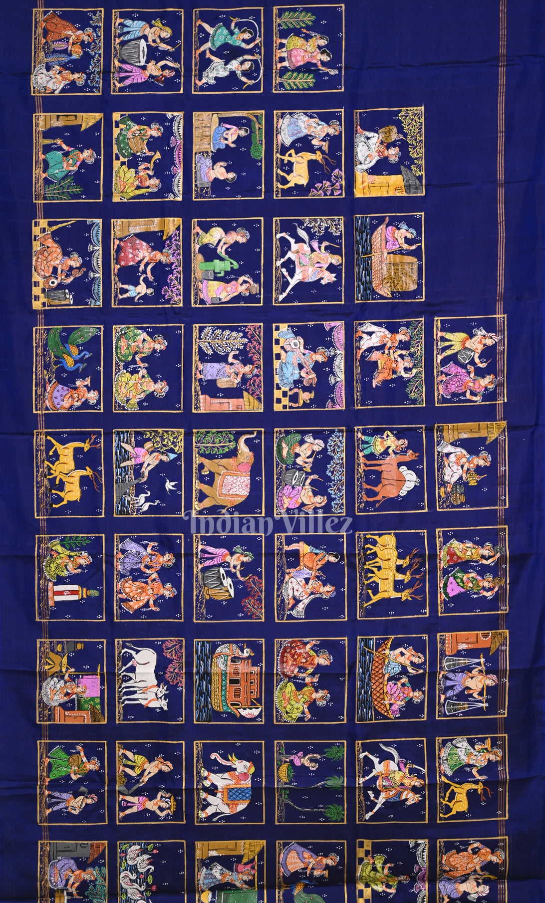 Blue Green Krishna Raas Village Theme Hand- Painted Pattachitra Saree 