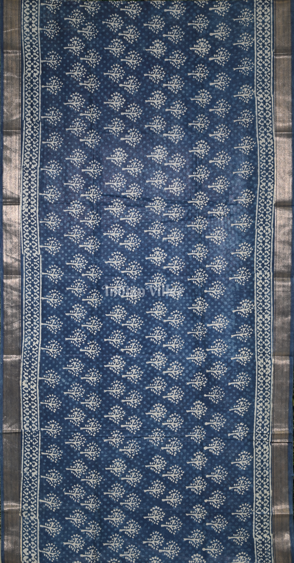 Indigo Blue Block Printed Dabu Cotton Saree 