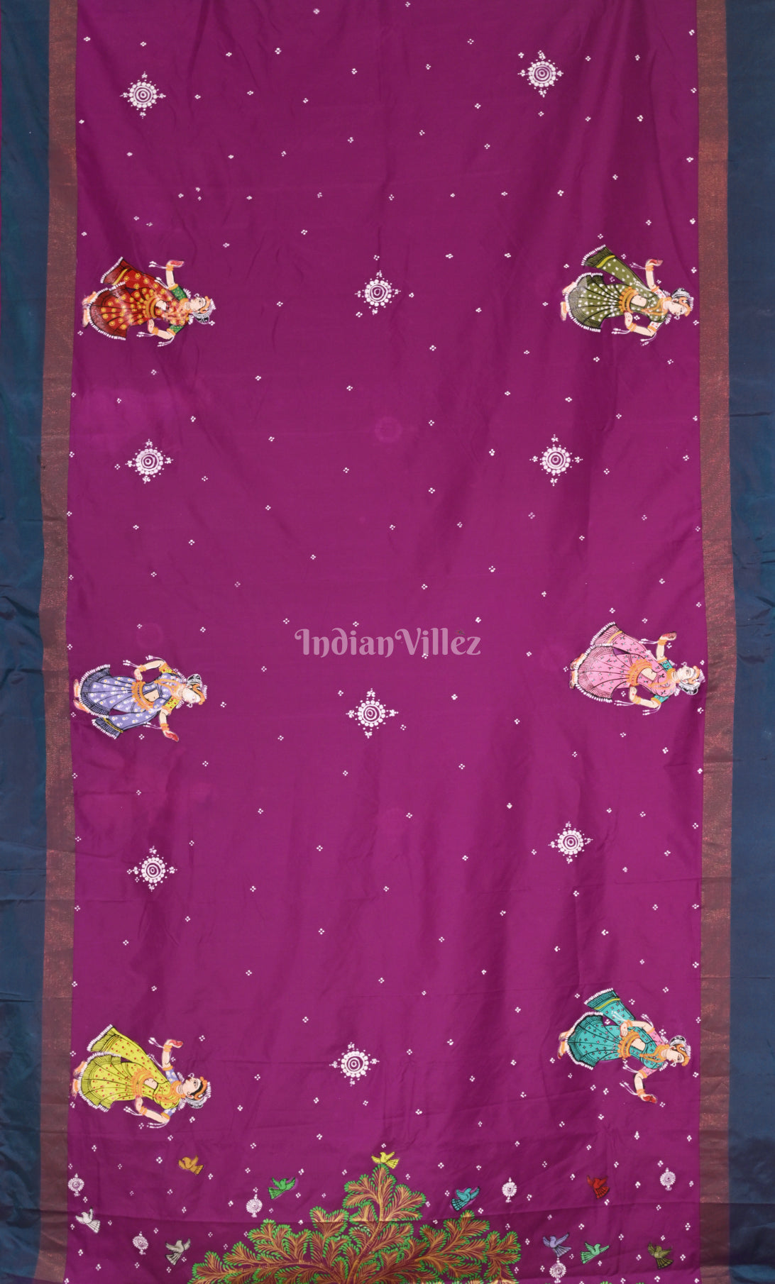 Purple Blue Raasleela Hand-Painted Pattachitra Saree