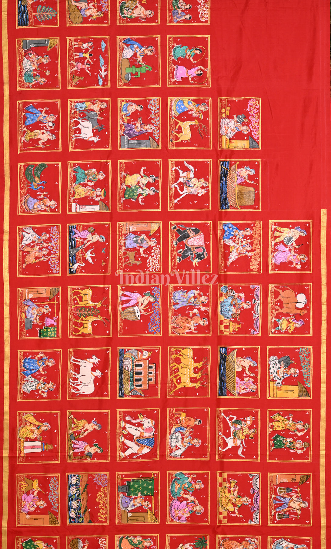 Red Radha Krishna Village ThemePattachitra Sambalpuri silk Saree
