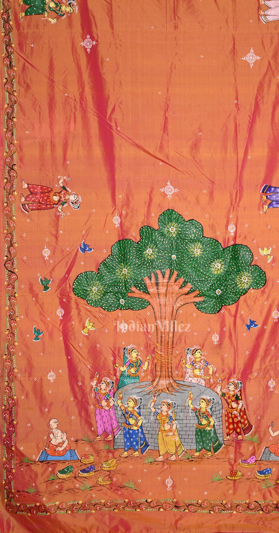 Peach Pink Vat Sabitri Theme Hand-Painted Pattachitra Saree
