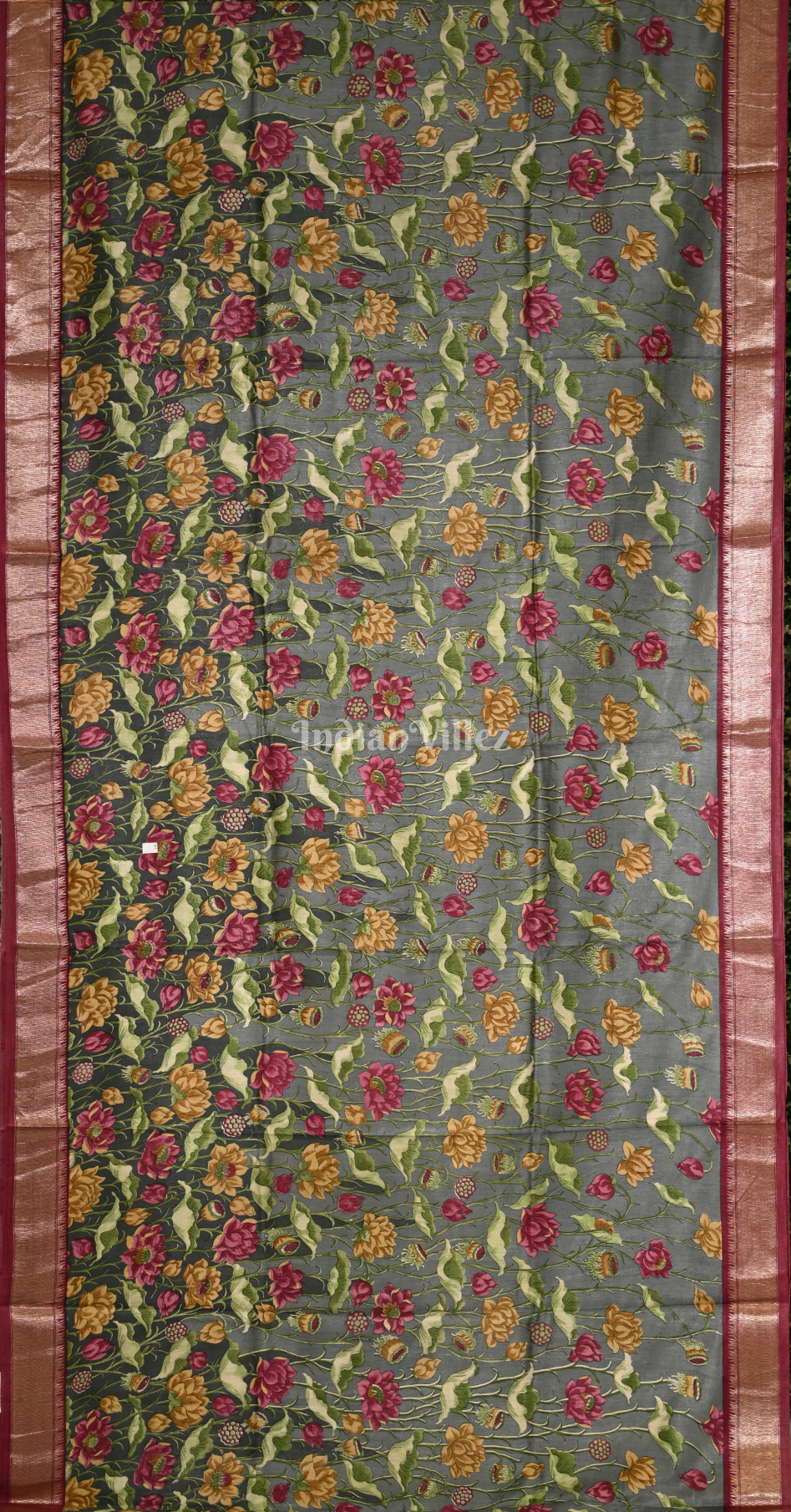 Green Maroon Screen Printed Cotton Saree 