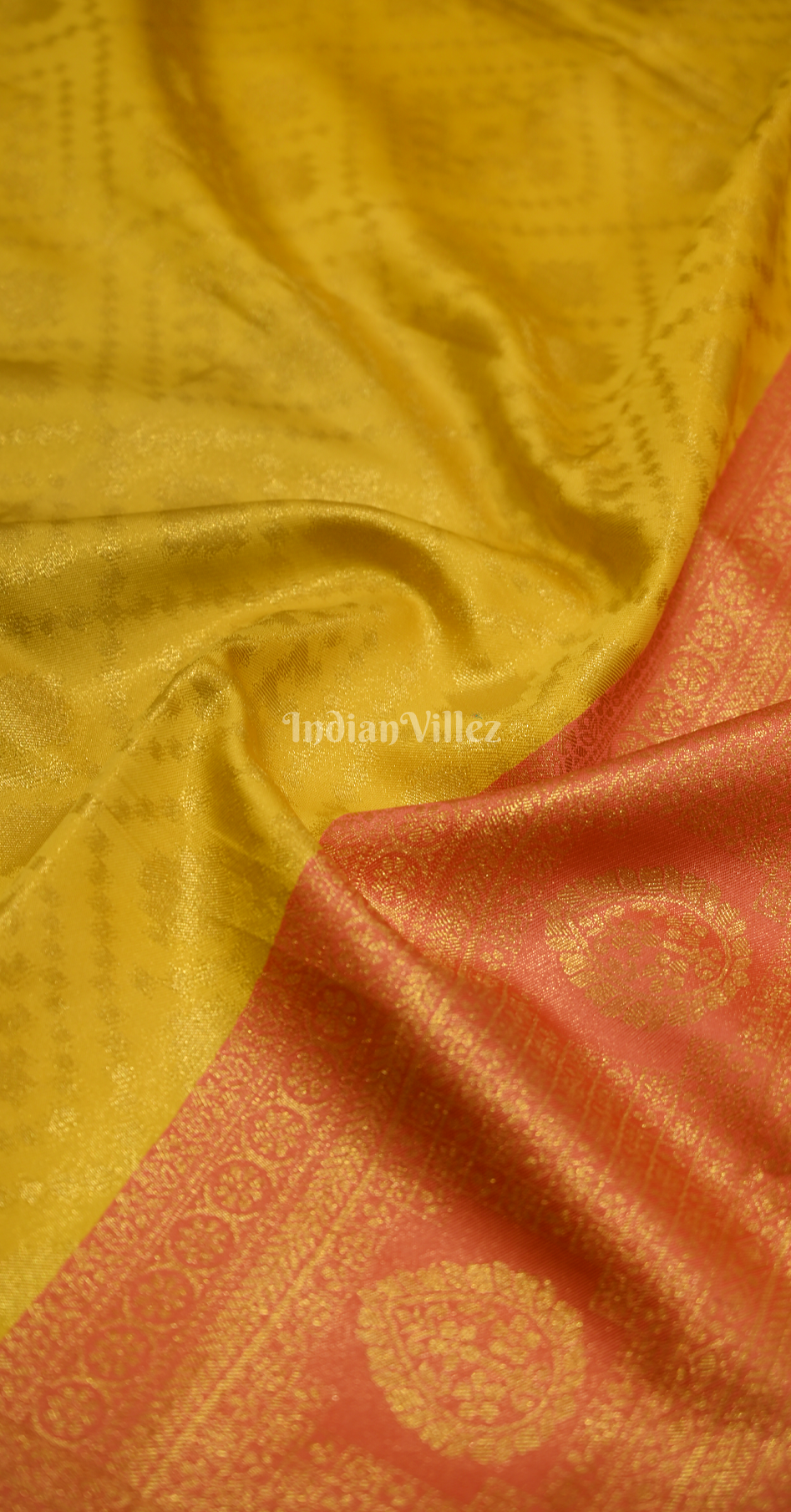 Yellow Peach Pure Zari Base Chaap Hand Woven Kanjivaram Silk Saree