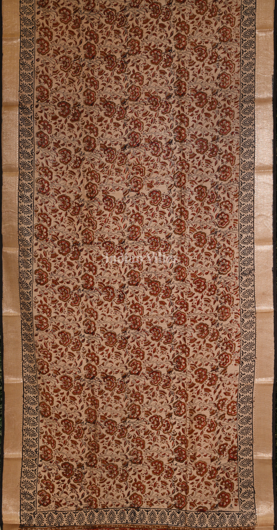 Beige with Maroon Block Printed Bagru Cotton Saree 