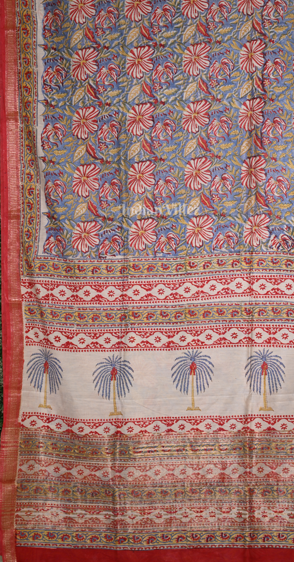  Blue with Multicolour Block Printed Sanganeri Cotton Saree
