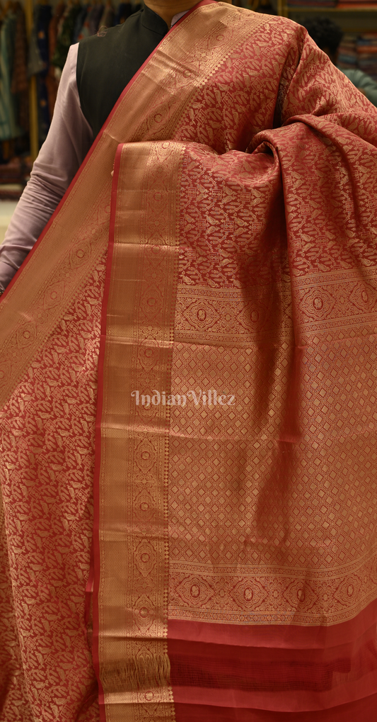 Exclusive Bridal Red Brocade Pure Kanjivaram Silk Saree with Flower Bird Pattern