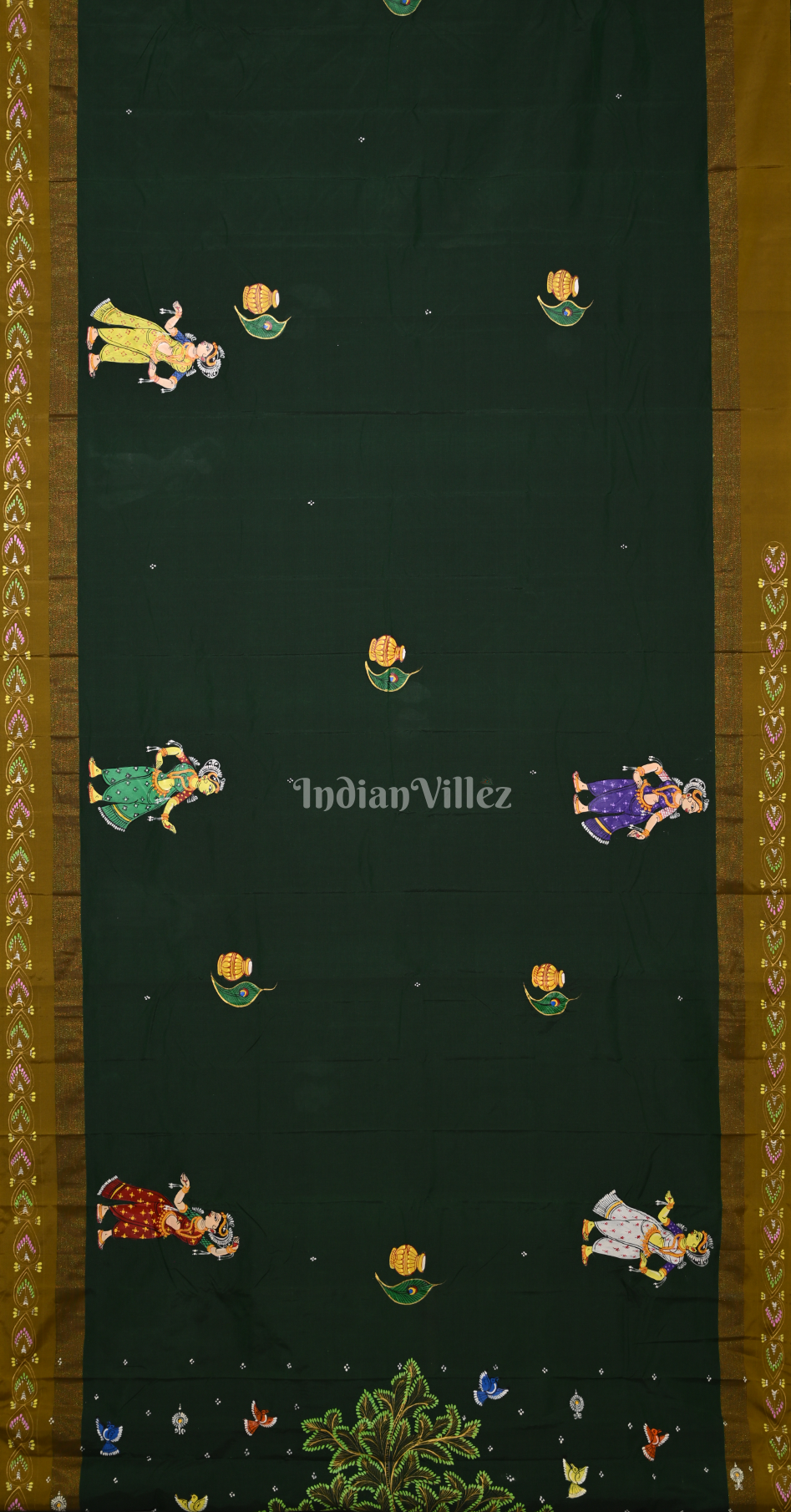 Bottle Green Krishna Raas Leela Hand-Painted Pattachitra Saree