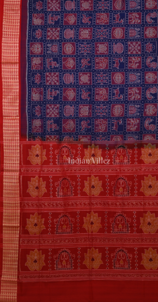 Navy Blue Red Nabakothi Odisha Ikat Sambalpuri Cotton Saree