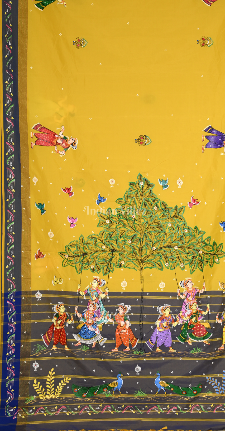 Yellow Grey Raja Doli Theme Hand-Painted Pattachitra Saree