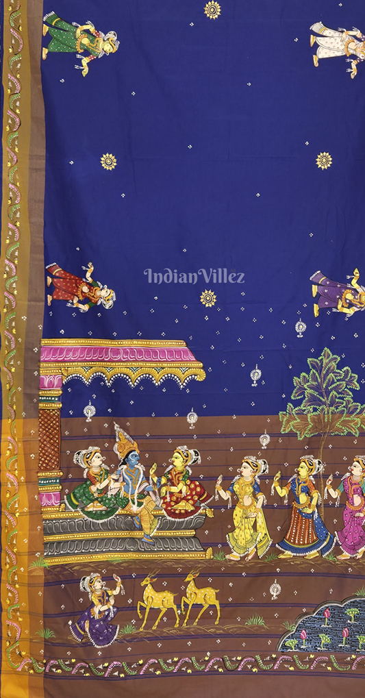 Blue Brown Krishna Raas Leela Hand-Painted Pattachitra Saree 