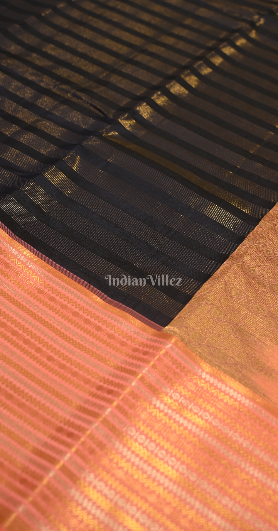 Black Pink  Stripped Pure Kanjivaram Tissue Silk Saree 